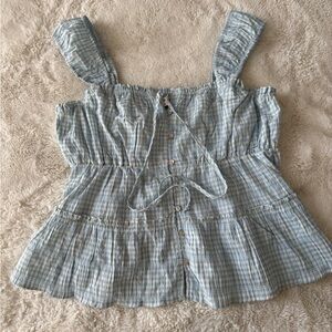 Y2K Baby Blue Plaid Smocked Baby Doll Tank Top